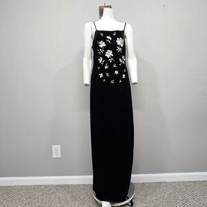 Vintage 90s Black Velvet Maxi Dress 11 Floral Embroidered Romantic Formal Prom